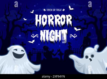 Zombie di Halloween e fantasmi divertenti nel paesaggio del cimitero di mezzanotte, striscione natalizio. Sagome vettoriali di mostri zombie notturni spaventosi, alberi cimiteriali, lapidi, pipistrelli e ragni con fantasmi cartoni animati Illustrazione Vettoriale