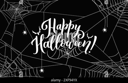 Striscione di Halloween con ragni e cobweb. Tipografia vettoriale bianca con pistrelli e ragni inquietanti su sfondo nero con cornice ragnatela aggrovigliata. Poster con sceneggiatura spaventosa e design spettrale per festeggiare Illustrazione Vettoriale