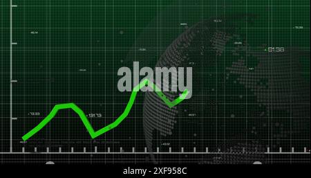 Immagine di grafici con numeri che cambiano sul linguaggio del computer e sul globo su sfondo astratto Foto Stock