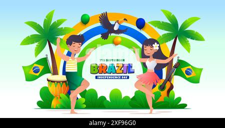 Simbolo del giorno dell'indipendenza del Brasile, un paio di bambini che ballano samba con colorate decorazioni brasiliane Illustrazione Vettoriale