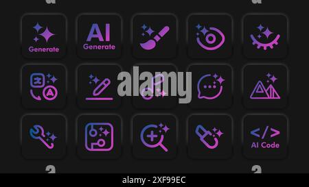 Set di pulsanti ai generativi per il design neumorfico. Raccolta di futuristici pulsanti UX soft UI con semplici elementi a icone. Risorsa da utilizzare per Web, app Illustrazione Vettoriale