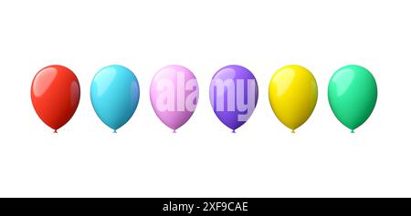 Sei palloncini colorati galleggianti su uno sfondo bianco, che rappresentano festeggiamenti e gioia. Rendering 3D. Foto Stock