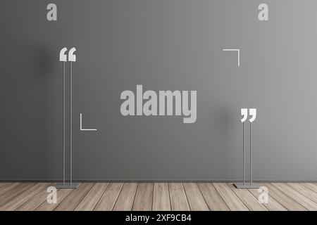 Camera vuota con virgolette che suggeriscono una conversazione o uno scambio di idee. Spazio di copia per il posizionamento del testo. rendering 3d. Foto Stock