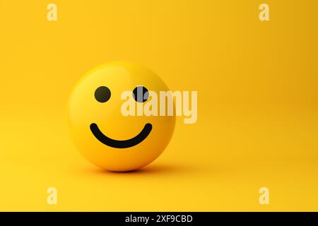 il volto sorridente in 3d su un vivace sfondo giallo irradia felicità e gioia, simboleggiando positività e allegria, evocando ottimismo e buone vibrazioni. 3 Foto Stock