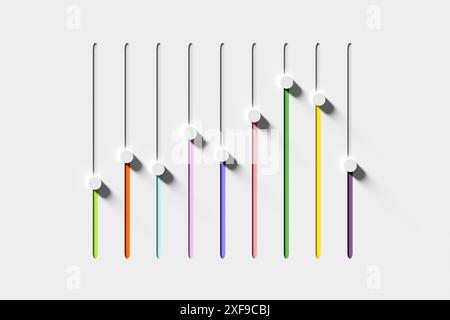 Illustrazione astratta di cursori verticali colorati che formano un equalizzatore grafico che controlla il volume su uno sfondo bianco. rendering 3d. Foto Stock