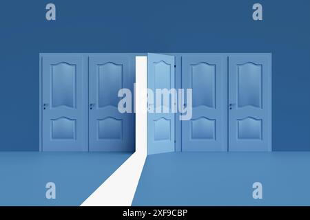 La luce splende attraverso la porta aperta in una stanza buia, rappresentando opportunità, speranza e un nuovo inizio. rendering 3d. Foto Stock