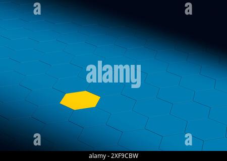 Informazioni sulla tecnologia astratta. illustrazione 3d di un esagono giallo che si distingue dalla folla di esagoni blu. Un concetto di essere diversi. 3d ren Foto Stock