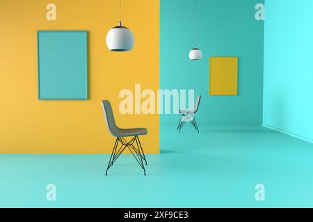 Interni minimalisti con due sedie in piedi in una stanza con cornici appese su pareti colorate. Rendering 3D. Foto Stock