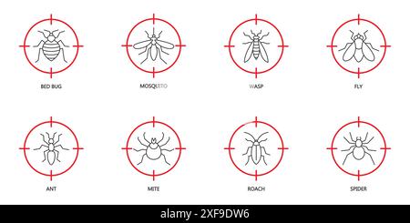 Set icone Interrompi insetto. Icone di controllo parassiti impostate sul bersaglio rosso. Insetti sotto tiro. Cimice da letto, zanzara, vespa, mosca, formica, simboli di acaro, ruggito e ragno. F Illustrazione Vettoriale