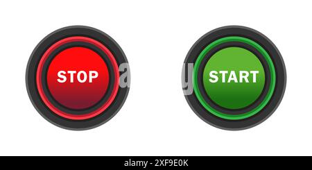 Pulsanti di avvio e arresto. Colori rosso, verde e nero. Isolato su sfondo bianco. Illustrazione vettoriale piatta. Illustrazione Vettoriale