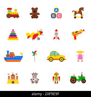 Set di icone giocattolo. Collezione di giocattoli colorati. Illustrazione vettoriale piatta. Illustrazione Vettoriale