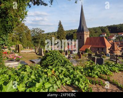 Veduta del cimitero con lapidi e torre della chiesa sullo sfondo, circondato da vegetazione verde e case del villaggio, Kandel, Palatinato, Germania Foto Stock