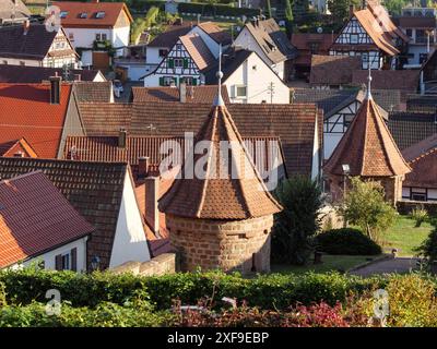 Tradizionale vista del villaggio con molti tetti piastrellati e torri. Numerose case a graticcio riconoscibili, Kandel, Palatinato, Germania Foto Stock