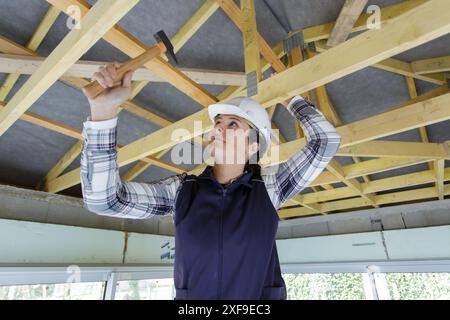 donne in piedi che indossano una camicia a scacchi che martellano una tavola di legno Foto Stock
