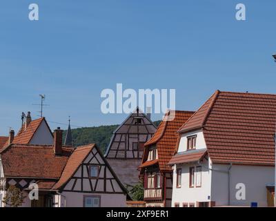 Case rustiche e in legno con tetti piastrellati sullo sfondo rurale sotto un cielo blu brillante, wissembourg, francia Foto Stock