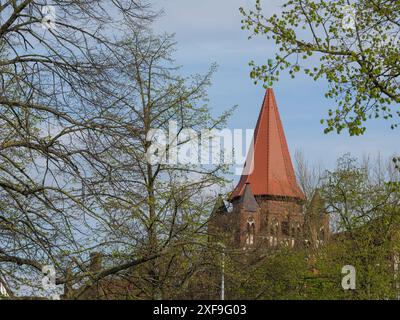 Una torre gotica in mattoni sorge sopra gli alberi circostanti sotto un cielo terso, lueneburg, germania Foto Stock