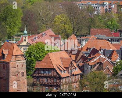 Vista sulla città vecchia con numerose case in legno e tetti di tegole rosse circondate da alberi verdi simili a una sorgente, lueneburg, germania Foto Stock