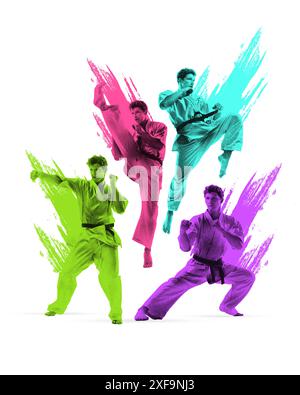 Atleta monocromatico, giovane uomo, karateka in kimono bianco stances di allenamento isolate su sfondo bianco. Foto Stock