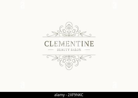 Illustrazione vettoriale del modello con logo monogramma e motivo floreale di lusso. Flourish chic pianta naturale linea minimalista logotipo per la moda st Illustrazione Vettoriale