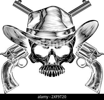 Cowboy Hat Pistols Skull Pirate Cross Bones Illustrazione Vettoriale