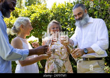 Festeggiamo il matrimonio all'aperto, gli amici anziani brindano con bicchieri da champagne, sorridono e si divertono Foto Stock