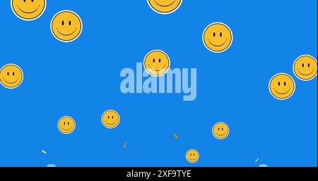 Immagine di coriandoli d'oro che cadono con icone emoji sorridenti su sfondo blu Foto Stock