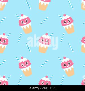 Fantasia con cartoni animati gelato, design di elementi estivi, divertente gelato con frutti di bosco e cocktail con paglia, su sfondo blu pastello. Illustrazione vettoriale Illustrazione Vettoriale