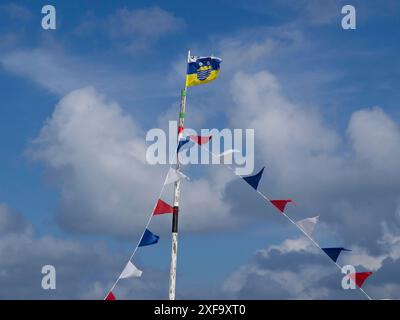 Un albero con pennant blu-bianco-rosso e una bandiera, sotto un cielo soleggiato con nuvole, Juist, Frisia orientale, Germania Foto Stock