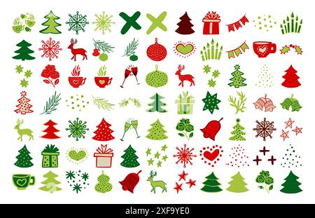 Illustrazione vettoriale Red Green Christmas Doodles. Fiocco di neve, cervo, ramo degli alberi, campane e Garland Illustrazione Vettoriale
