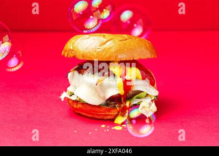 Hamburger di manzo asturiano. Pane Burger Brioche, cipolla, formaggio becom, senape, ketchup, su sfondo rosso. Spagna Foto Stock