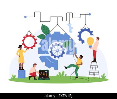 Lavoro di squadra e collaborazione efficace dei dipendenti. Piccole persone che spostano parti del meccanismo di fabbrica in unità, collegano la lampadina e gli ingranaggi nel sistema del motore della macchina insieme all'illustrazione vettoriale del cartone animato Illustrazione Vettoriale
