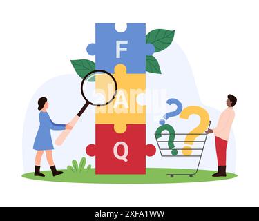 FAQ, analisi online delle informazioni, manuale utente e consigli, ricerca di risposte a domande e problemi. Minuscole persone con puzzle di ricerca in lente di ingrandimento di FAQ parola cartoon illustrazione vettoriale Illustrazione Vettoriale