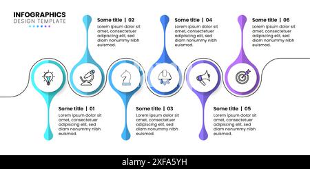 Modello infografico con icone e 6 opzioni o passaggi. Linea. Può essere utilizzato per il layout del flusso di lavoro, il diagramma, il banner, il webdesign. Illustrazione vettoriale Illustrazione Vettoriale