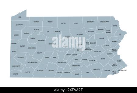 Contee della Pennsylvania, mappa politica grigia. Commonwealth della Pennsylvania, stato del Medio Atlantico e del Nord-Est degli Stati Uniti, suddiviso in 67 contee. Foto Stock