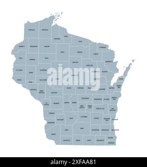 Contee del Wisconsin, mappa politica grigia. Uno stato della regione dei grandi Laghi, nell'Upper Midwest degli Stati Uniti, suddiviso in 72 contee. Foto Stock