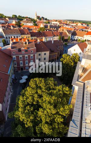 Vista verso la chiesa di San Michele da Tuztorony (Torre dei vigili del fuoco), Muzeumnegyed, Soproni Muzeum, Sopron, Ungheria Foto Stock