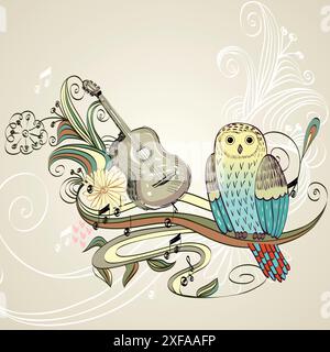 illustrazione con gufo seduto sui rami Illustrazione Vettoriale