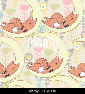 Cartoon Sleeping Fox. Simpatico motivo vettoriale senza cuciture Illustrazione Vettoriale