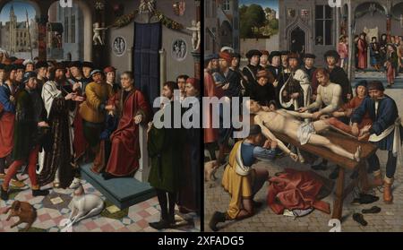 The Judgement of Cambyses è un dittico olio su legno dell'artista olandese Gerard David, che raffigura l'arresto e l'uccisione del corrotto giudice persiano Sisamnes sull'ordine di Cambyses, sulla base delle storie di Erodoto. Foto Stock