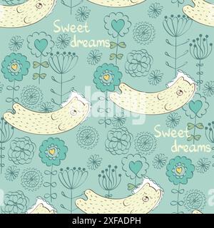 Cartoon Sleeping Bear. Simpatico motivo vettoriale senza cuciture Illustrazione Vettoriale