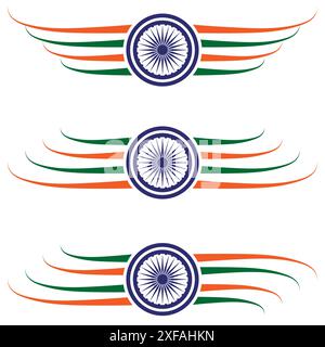 Celebra l'orgoglio dell'India con questo vivace set vettoriale con bandiere indiane stilizzate. Le linee ondulate evocano movimento ed energia, mentre l'iconica Ashok Illustrazione Vettoriale