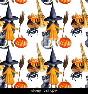 Motivo ad acquerello senza cuciture del tema Halloween con strega cartoni animati, ragno, vaso di pozione, zucca, scopa e simpatico gatto nero, illustrazione disegnata a mano o Foto Stock