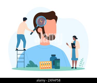 Diagnosi e trattamento del mal di testa, esame neurologico. Le piccole persone con lente d'ingrandimento esaminano il punto di dolore sulla testa umana, diagnosticano e testano i sintomi dell'emicrania nell'illustrazione vettoriale del fumetto dell'uomo Illustrazione Vettoriale
