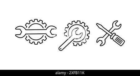 Set di icone di manutenzione. Set di icone per chiavi, cacciaviti e ingranaggi. Disegno dell'illustrazione vettoriale. Illustrazione Vettoriale