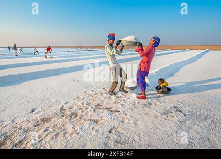 Tra le saline bianche, una famiglia lavora insieme per raccogliere il sale sotto il cielo azzurro, mostrando lo spirito duraturo del duro lavoro. Foto Stock