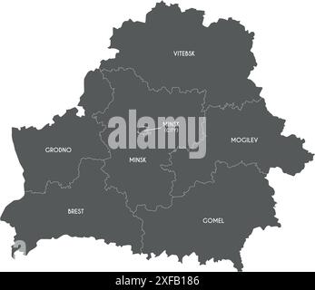 Mappa vettoriale della Bielorussia con regioni o oblast e divisioni amministrative. Livelli modificabili ed etichettati in modo chiaro. Illustrazione Vettoriale