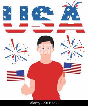 Giorno dell'indipendenza americana 4 luglio. Happy Boy che tiene Flag. Uomo che tiene la bandiera. Illustrazione Vettoriale