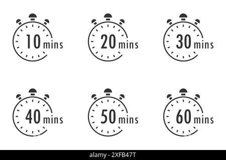 Impostazione del timer. Icone cronometro. Conto alla rovescia 10.20,30,40,50,60 minuti. Set di segnali cronometro. Illustrazione vettoriale piatta. Illustrazione Vettoriale