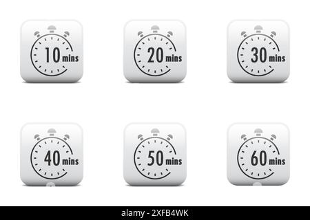 Impostazione del timer. Icone cronometro. Conto alla rovescia 10.20,30,40,50,60 minuti. Set di segnali cronometro. Illustrazione vettoriale piatta Illustrazione Vettoriale