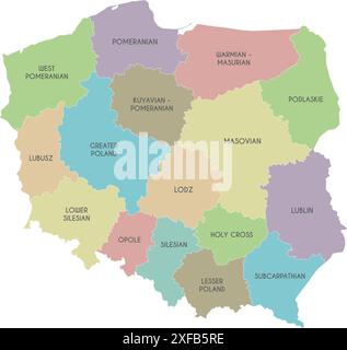 Mappa vettoriale della Polonia con province e divisioni amministrative. Livelli modificabili ed etichettati in modo chiaro. Illustrazione Vettoriale